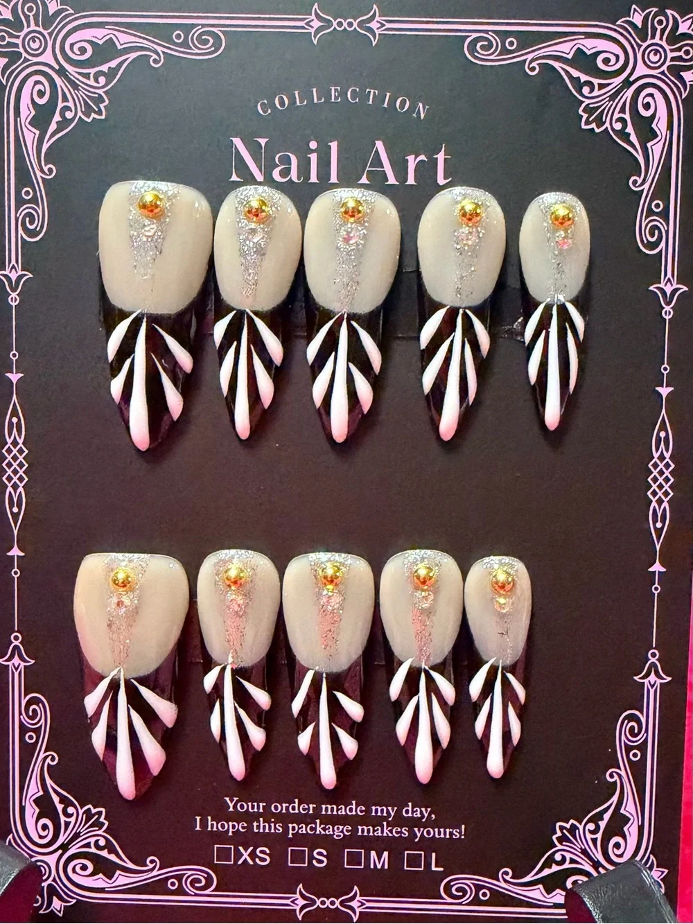 Beige and Black Leaf French Press-On Nails